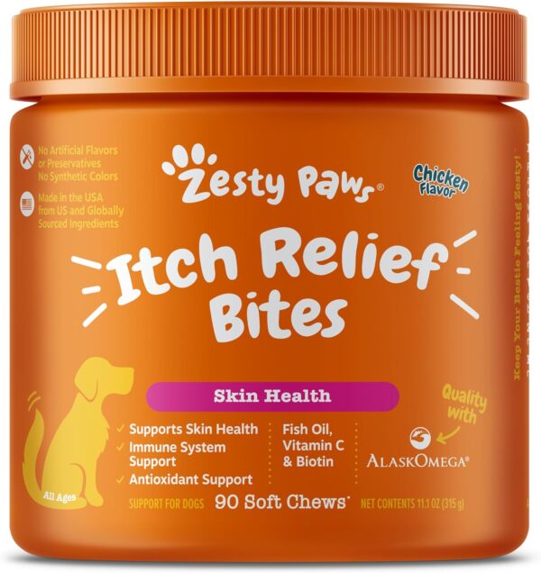 Zesty Paws Itch Relief for Dogs - for Itching Skin & Coat Health - Omega-3 Fish Oil with EPA & DHA - Dog Bites Supplement with Vitamin C & E for Antioxidant Support - Chicken Flavor - 90 Count - Image 2