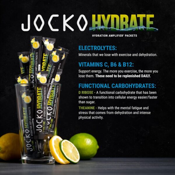 Jocko Fuel Hydrate Electrolytes Powder Packets No Sugar - Hydration Amplifier Packets for Recovery, Dehydration, & Exercise - with Vitamins B6, B12 & C (16 Packets) Lemon Lime - Image 5