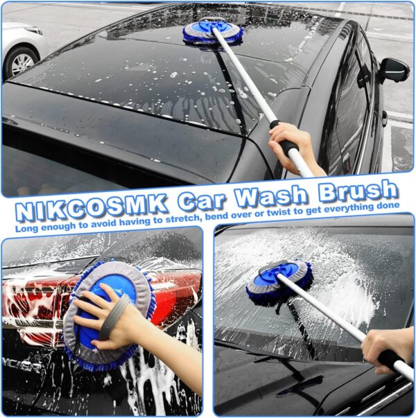 62'' Car Wash Brush Kit Mitt Mop Sponge with Long Handle, 1 Chenille Scratch-Free Replacement Head, Windshield Window Squeegee,Car Duster,Car Detailing Brushes,Tower,Car Cleaning Kit for Cars RV Truck - Image 3