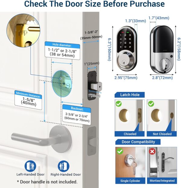 Veise Smart Lock, Keyless Entry Door Lock, Smart Locks for Front Door with App Control, Electronic Digital Lock with Touchscreen Keypad Set, Smart Deadbolt, Auto Lock, Easy Installation, Satin Nickel - Image 7