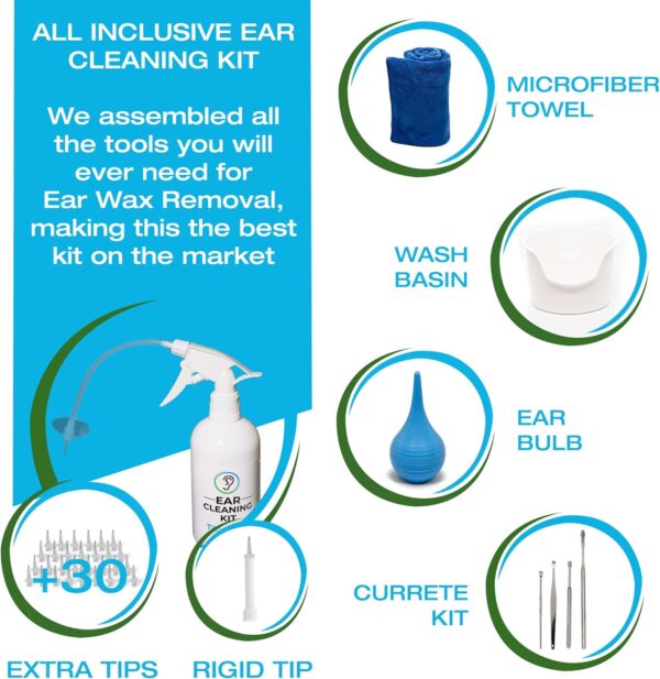 Ear Wax Removal Tool by Tilcare - Ear Irrigation Flushing System for Adults & Kids - Perfect Ear Cleaning Kit - Includes Basin, Syringe, Curette Kit, Towel and 30 Disposable Tips - Image 3