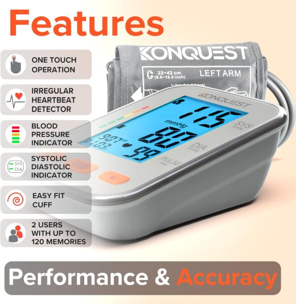 Konquest KBP-2704A Automatic Upper Arm Blood Pressure Monitor - Adjustable Cuff - Large Backlit Display - Irregular Heartbeat Detector - Tensiometro Digital… - Image 3