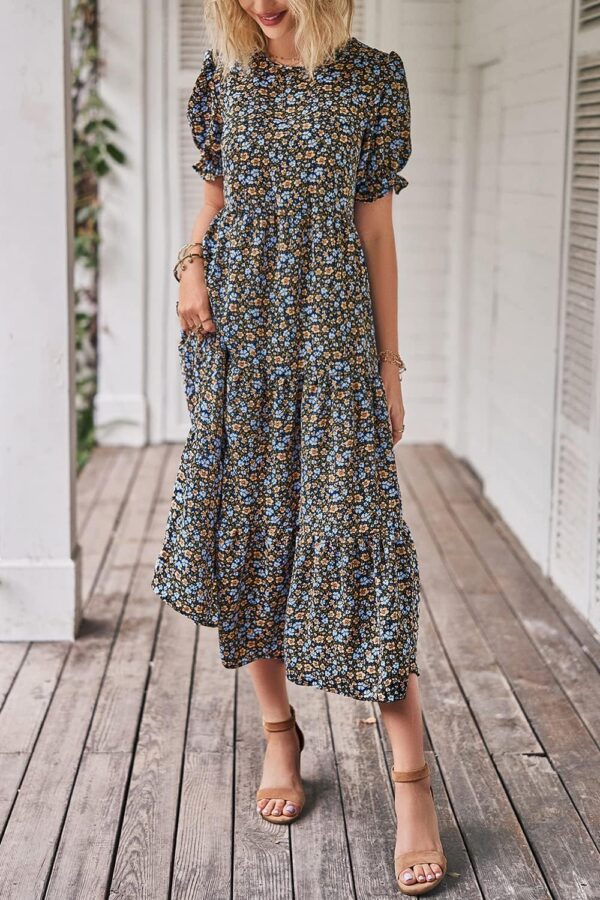 Pretty Garden Womens Summer Casual Boho Dress Floral Print Ruffle Puff Sleeve High Waist Midi - Image 3