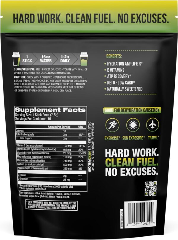 Jocko Fuel Hydrate Electrolytes Powder Packets No Sugar - Hydration Amplifier Packets for Recovery, Dehydration, & Exercise - with Vitamins B6, B12 & C (16 Packets) Lemon Lime - Image 3