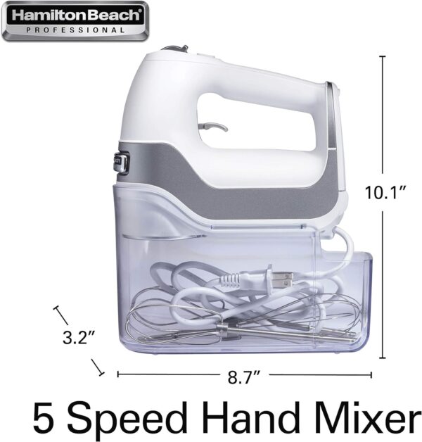 Hamilton Beach Professional 5-Speed Electric Hand Mixer with High-Performance DC Motor, Slow Start, Snap-On Storage Case, Stainless Steel Beaters & Whisk, White (62652) - Image 8