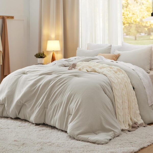 Bedsure Queen Size Comforter Sets, Beige Soft Prewashed Bed Comforter for All Seasons, 3 Pieces Warm Bedding Sets, 1 Lightweight Comforter (90"x90") and 2 Pillowcases (20"x26") - Image 2