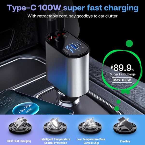 Retractable Car Charger with 100W, 4 in 1 Car Fast Charger for iPhone and Type C, Retractable Cables (31.5 inch) and 2 Charging Ports, Compatible with iPhone 15/14/13/12 Pro Max XR,iPad,Samsung,Pixel - Image 4