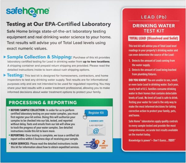 Safe Home® Lead in Drinking Water Test Kit – Two Samples Tested at Our EPA Certified Lab – Named #1 Lead Test Kit by Popular Mechanics – Detection Level of 1ppb - Image 3