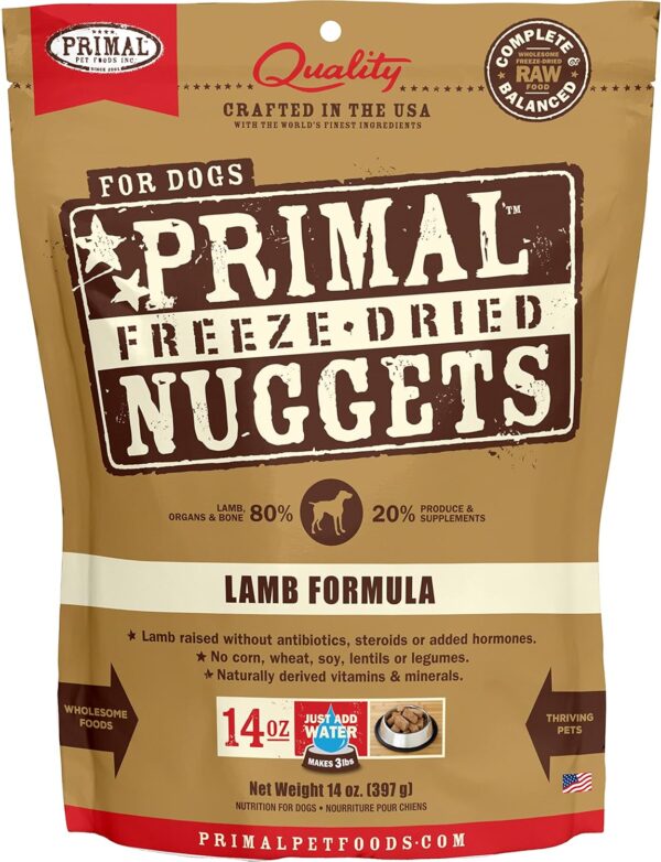 Primal Freeze Dried Dog Food Nuggets, Lamb; Complete & Balanced Meal; Also Use as Topper or Treat; Premium, Healthy, Grain Free, High Protein Raw Dog Food, 14 oz - Image 2