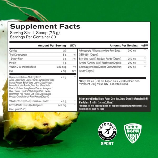 BARE PERFORMANCE NUTRITION, BPN Strong Greens Superfood Powder, Improved Digestion, Increased Energy, Immune System Support, Pineapple Coconut - Image 3