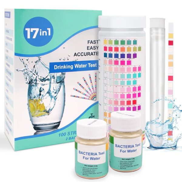 17 in 1 Premium Water Testing Kits for Drinking Water 100 Strips + 2 Bacteria Tests Home Water Quality Test Well and Tap Water Easy Testing for Lead, Bacteria, Hardness, Fluoride, pH, Iron, Copper - Image 2