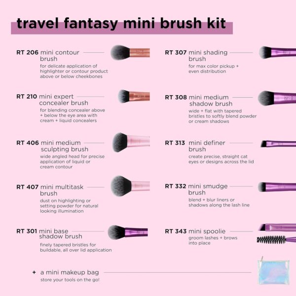 Real Technique Travel Fantasy Mini Brush Kit, Makeup Brushes For Eyeshadow, Highlight, Contour, Powder, & Concealer, Travel-Sized Brushes & Cosmetic Bag, Synthetic Bristles, 11 Piece Set - Image 7