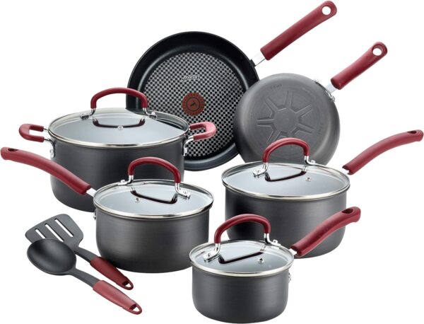 T-fal Ultimate Hard Anodized Nonstick Cookware Set 12 Piece, Oven Broiler Safe 600F, Kitchen Cooking Set w/ Fry Pans, Saucepans, Dutch Oven, Kitchen Utensils, Pots and Pans, Dishwasher Safe, Black - Image 2