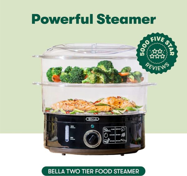 BELLA Two Tier Food Steamer with Dishwasher Safe Lids and Stackable Baskets & Removable Base for Fast Simultaneous Cooking - Auto Shutoff & Boil Dry Protection, Stainless Steel, 7.4 QT, Black - Image 3