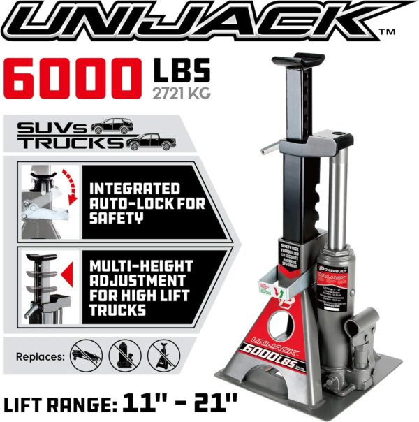 Powerbuilt 3 Ton, Bottle Jack and Jack Stands in One, 6000 Pound Capacity, All-in-One Car Lift, Heavy Duty Vehicle Unijack, Wide Base, 620471 - Image 3