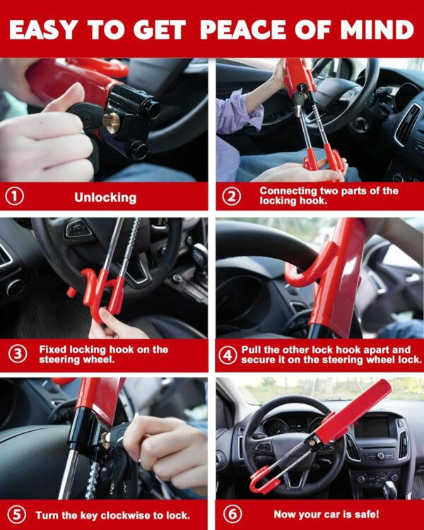 Tevlaphee Steering Wheel Lock Anti-Theft Car Device Heavy Duty Security Car Lock Antitheft Locking Devices Great Deterrent Adjustable Car Wheel Lock Anti Theft for Vehicle Truck SUV with 3 Keys (Red) - Image 6