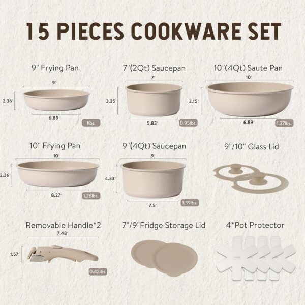 CAROTE 15pcs Pots and Pans Set, Nonstick Cookware Set Detachable Handle, Induction Kitchen Cookware Sets Non Stick with Removable Handle, RV Cookware Set, Oven Safe, Taupe - Image 3