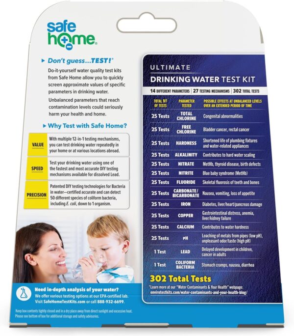 Safe Home Drinking Water Test Kit – DIY Testing for Hardness, Lead, Bacteria, Copper, Fluoride, and More – City Water or Well Water (Tests 14 Parameters – 302 Total Tests Per Kit) - Image 3