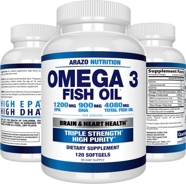 Arazo Nutrition Wild Caught Omega 3 Fish Oil – 120 Soft Gels – 4,080mg High EPA 1200mg DHA 900mg Lemon Flavor Burpless Softgels - Image 7