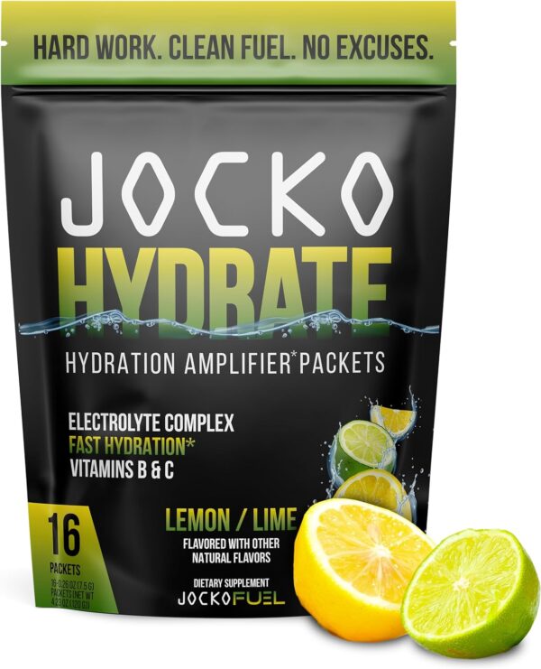 Jocko Fuel Hydrate Electrolytes Powder Packets No Sugar - Hydration Amplifier Packets for Recovery, Dehydration, & Exercise - with Vitamins B6, B12 & C (16 Packets) Lemon Lime - Image 2