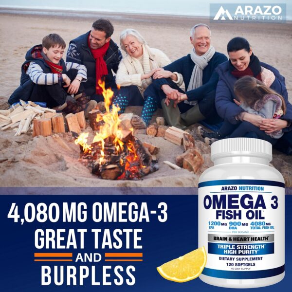 Arazo Nutrition Wild Caught Omega 3 Fish Oil – 120 Soft Gels – 4,080mg High EPA 1200mg DHA 900mg Lemon Flavor Burpless Softgels - Image 6