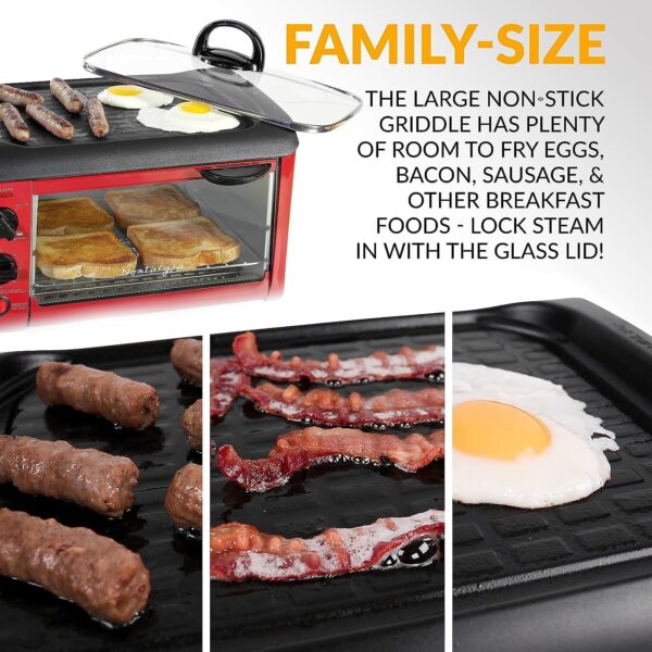 Nostalgia 3-in-1 Breakfast Station - Includes Coffee Maker, Non-Stick Griddle, and 4-Slice Toaster Oven - Versatile Breakfast Maker with Timer - Red - Image 5