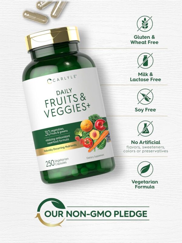 Carlyle Fruits and Veggies Supplement | 250 Capsules | Made with 30 Fruits and Vegetables | Vegetarian, Non-GMO, Gluten Free Superfood Formula - Image 6