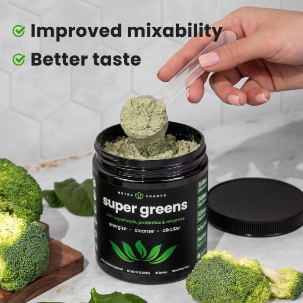 NutraChamps Super Greens Powder Premium Superfood | 20+ Organic Green Veggie Whole Foods | Wheat Grass, Spirulina, Chlorella & More | Antioxidant, Digestive Enzyme & Probiotic Blends - Image 7