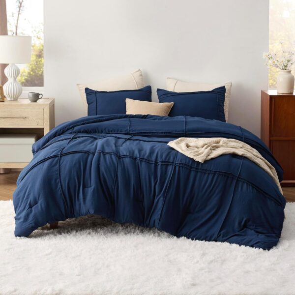 Bedsure Queen Comforter Set with Sheet - 4 Pieces Soft Navy Blue Bedding Sets, Grid Pinch Pleat, All Season Lightweight Fluffy Bed Set with Solid Boho Comforter, Pillowcases & Sheet - Image 8