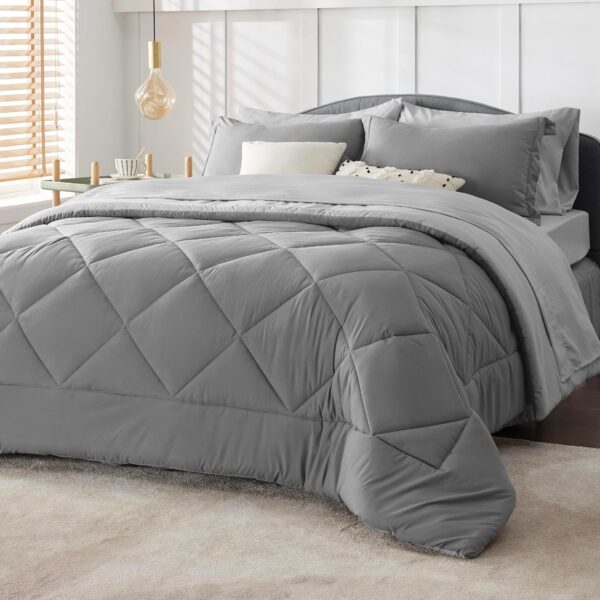 Bedsure Queen Comforter Set - 7 Pieces Reversible Comforters Queen Size Bed Set Bed in a Bag with Comforter, Sheets, Pillowcases & Shams, Grey Bedding Sets - Image 2