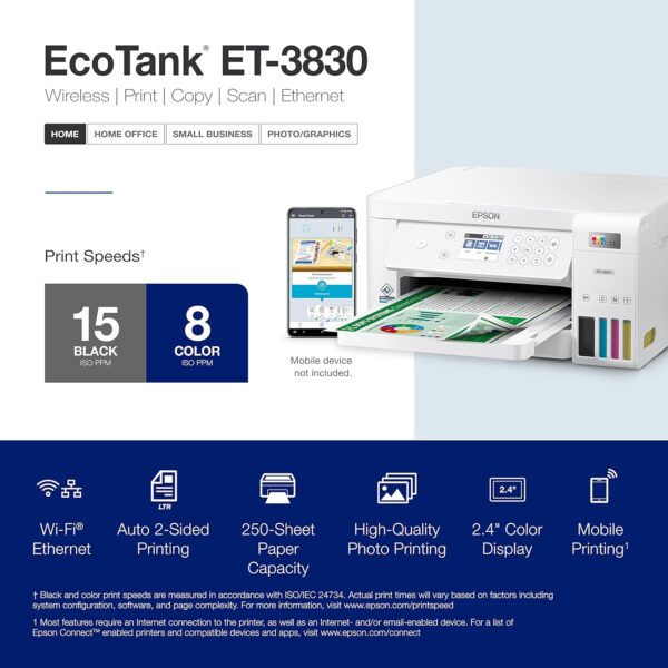 Epson EcoTank ET-3830 Wireless Color All-in-One Cartridge-Free Supertank Printer with Scan, Copy, Auto 2-Sided Printing and Ethernet – The Perfect Printer Productive Families,White - Image 5