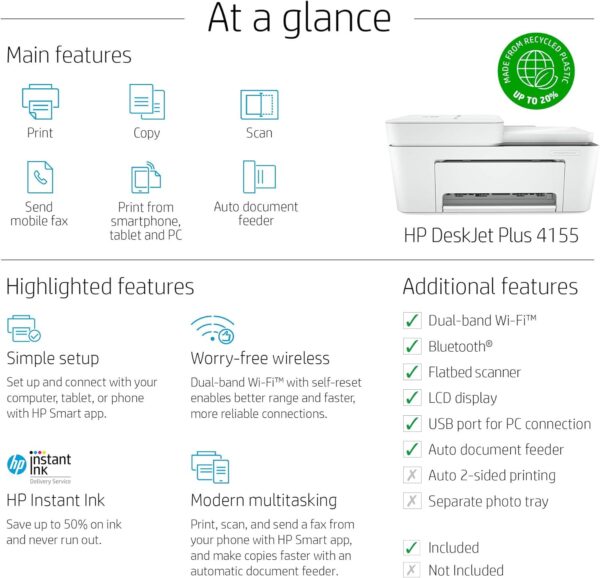 HP DeskJet Plus 4155 Wireless All-in-One Printer - Compact Inkjet Printer with Mobile Printing, Scanner, Copier, Bluetooth, Home Office & WiFi Compatible - 3XV13A (Renewed) - Image 6
