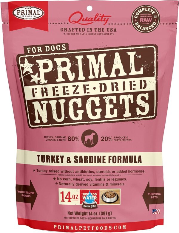 Primal Freeze Dried Dog Food Nuggets, Turkey & Sardine; Complete & Balanced Meal; Also Use as Topper or Treat; Premium, Healthy, Grain Free, High Protein Raw Dog Food, 14 oz - Image 2