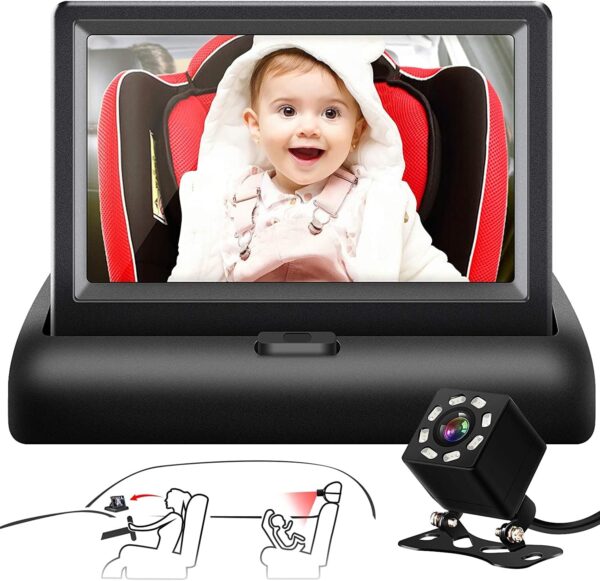 Baby Car Mirror, 4.3'' HD Night Vision Function Car Mirror Display, Safety Car Seat Mirror Camera Monitored Mirror with Wide Crystal Clear View, Aimed at Baby, Easily Observe the Baby’s Move - Image 2