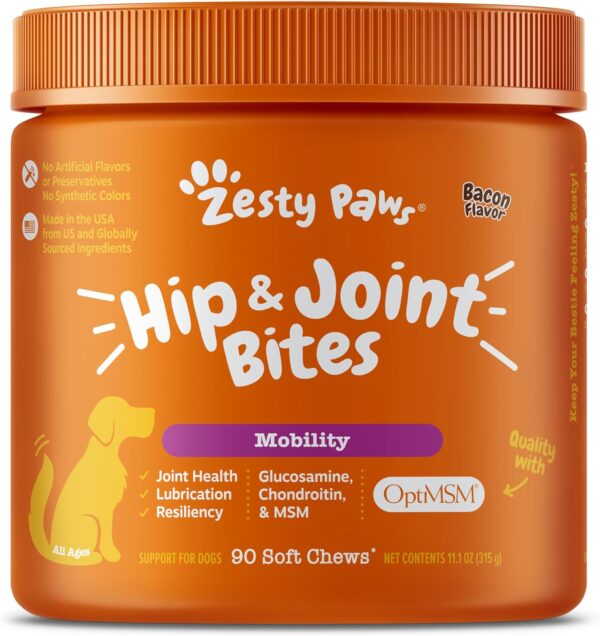 Zesty Paws Mobility Bites Dog Joint Supplement - Hip and Joint Chews for Dogs - Pet Products with Glucosamine, Chondroitin, & MSM + Vitamins C and E for Dog Joint Relief - Bacon – 90 Count - Image 2