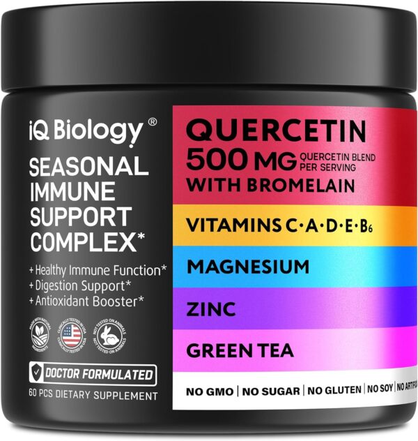 Quercetin with Bromelain - Quercetin 500mg Capsules for Immune Support & Respiratory Care* - Green Tea Bromelain Magnesium Vitamin D Vitamin C Vitamin E Turmeric Ginger Selenium Calcium NAC - 60 Caps - Image 2