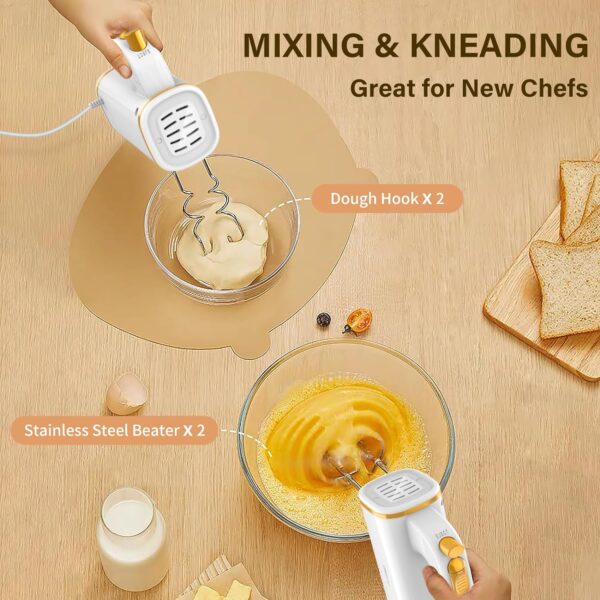 LINKChef Electric Hand Mixer for Baking 450W, 5 Speed Hand Held Mixers Kitchen Electric with Storage Case, Hand Mixer with Dough Hooks and Beaters, Eject and Turbo Mode, White - Image 8