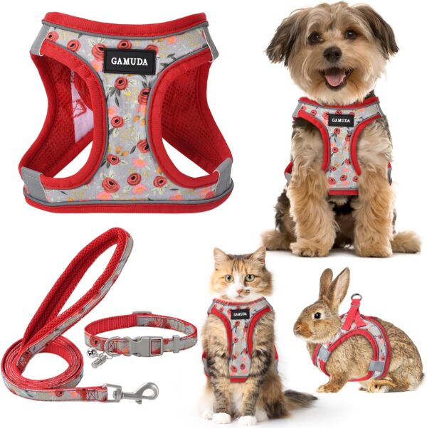 GAMUDA Small Pet Harness Collar and Leash Set, Step in No Chock No Pull Soft Mesh Adjustable Dog Vest Harnesses Plaid Reflective for Dogs Puppy Cats Kitten Rabbit (Red Flower, S) - Image 2