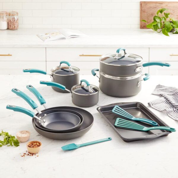 Rachael Ray Classic Brights Hard Anodized Nonstick Cookware Pots and Pans Set, 15 Piece - Agave Blue - Image 10