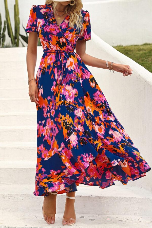 PRETTYGARDEN Women's Summer Wrap Maxi Dress Casual Boho Floral V Neck Short Sleeve Ruffle Hem Split Beach Long Dresses - Image 3