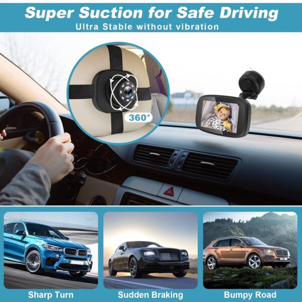 1080P Baby Car Mirror, Shybaby 4.3'' Baby Car Camera Monitor 170° Wide View, HD Night Vision Function and Reusable Sucker Bracket, Safety Rear Facing Car Set Camera Infants Kids Toddlers Black - Image 7