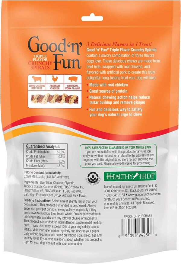 Good'n'Fun Triple Flavor Crunchy Spirals, Dog Chew Sticks, Premium Chicken and Beef Hide Treats for Dogs, 3 Pack - Image 3