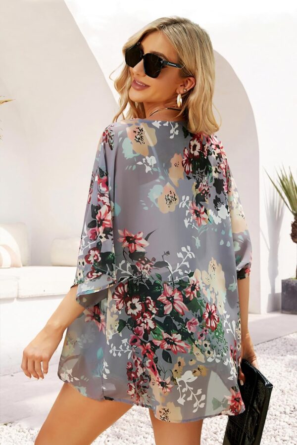 Women's Floral Print Puff Sleeve Kimono Cardigan Loose Cover Up Casual Blouse Tops - Image 8