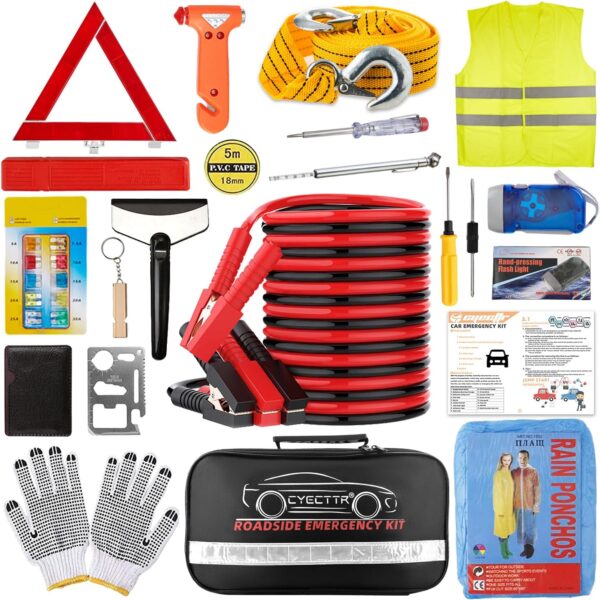 Car Roadside Emergency Kit,Auto Vehicle Truck Safety Emergency Road Side Assistance Kits with Jumper Cables,Safety Hammer,Reflective Warning Triangle,Tire Pressure Gauge,Tow Rope,etc - Image 2