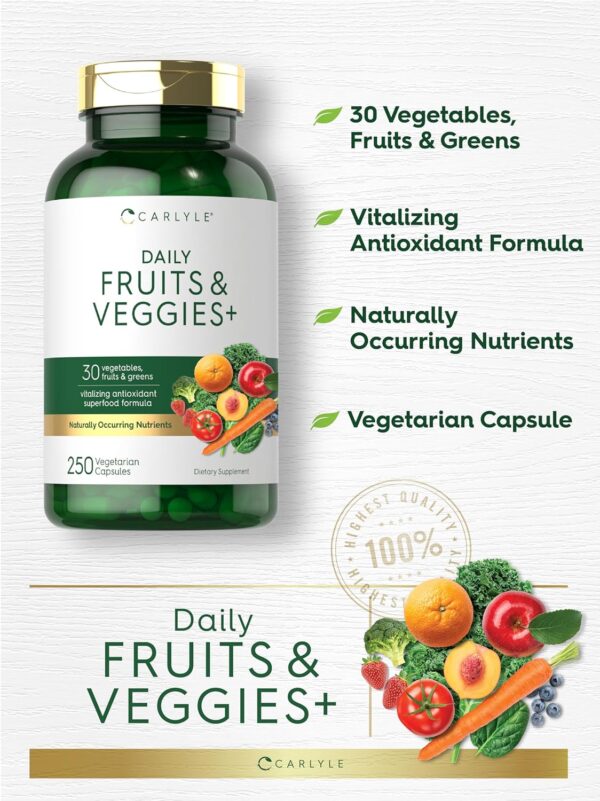 Carlyle Fruits and Veggies Supplement | 250 Capsules | Made with 30 Fruits and Vegetables | Vegetarian, Non-GMO, Gluten Free Superfood Formula - Image 5