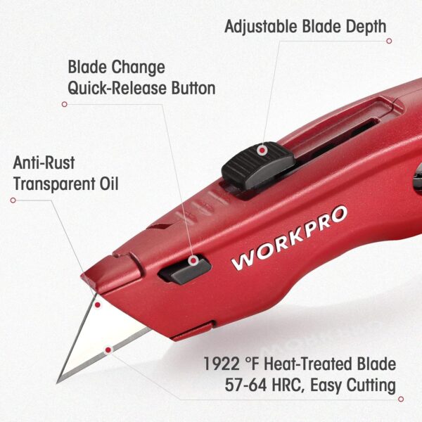 WORKPRO Premium Utility Knife, Retractable All Metal Heavy Duty Box Cutter, Quick Change Blade Razor Knife, with 10 Extra Blades - Image 3