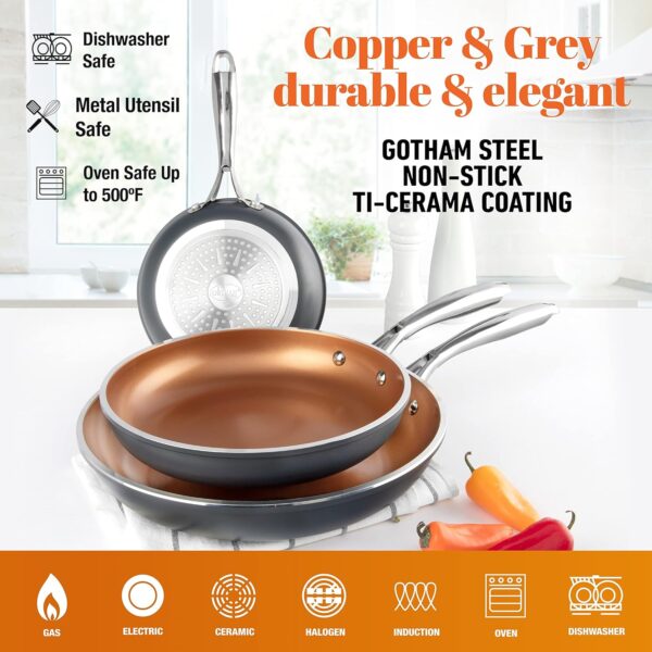 Gotham Steel Frying Pan Set, 3 Piece Nonstick Ceramic Copper Fry Pans Set, 8”, 10” & 12” Nonstick Frying Pans, Nonstick Skillet Set, Omelet Pan, Cookware, PFOA Free, Dishwasher Safe, Cool Touch Handle - Image 6