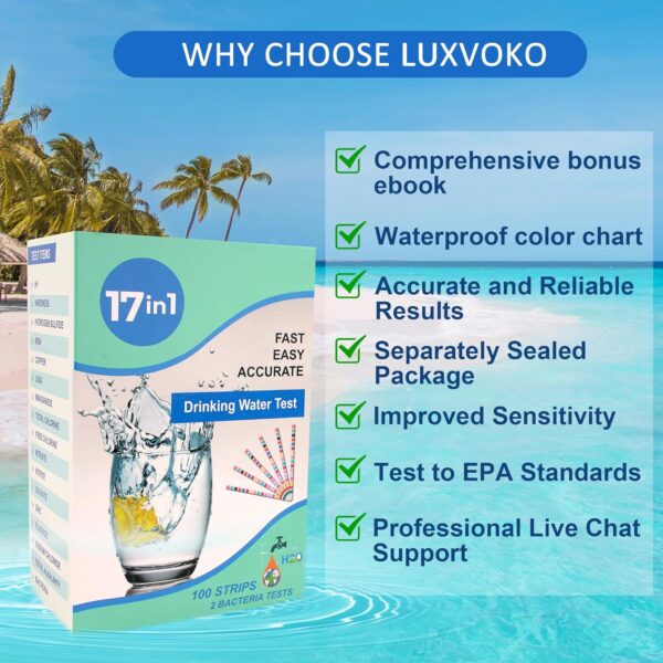 17 in 1 Premium Water Testing Kits for Drinking Water 100 Strips + 2 Bacteria Tests Home Water Quality Test Well and Tap Water Easy Testing for Lead, Bacteria, Hardness, Fluoride, pH, Iron, Copper - Image 7