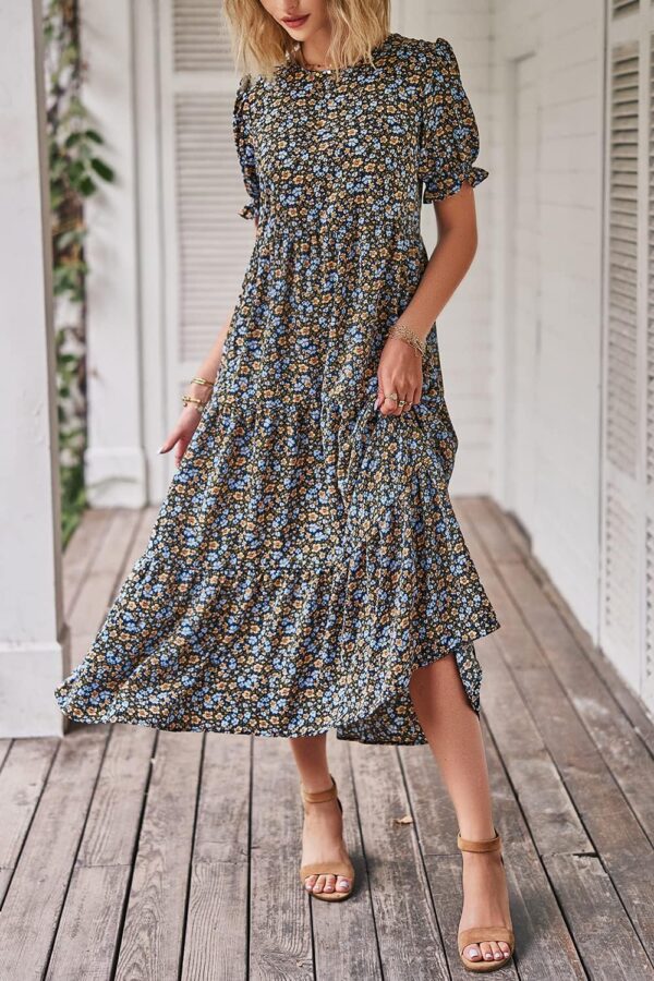 Pretty Garden Womens Summer Casual Boho Dress Floral Print Ruffle Puff Sleeve High Waist Midi - Image 6