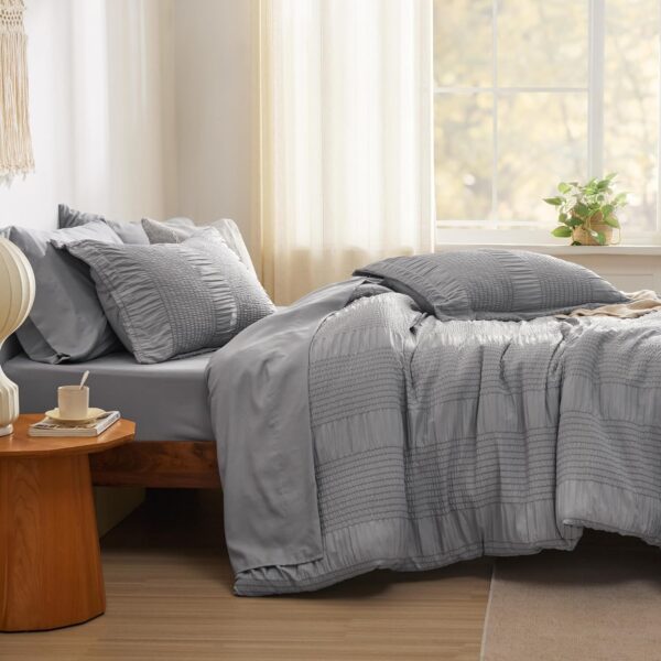 Bedsure Bed in a Bag Queen - Queen Comforter Set 7 Piece Stripes Seersucker Bedding Set, Soft Lightweight Down Alternative Comforter Queen Bed Set(Grey,Queen 90 x 90 inch) - Image 6